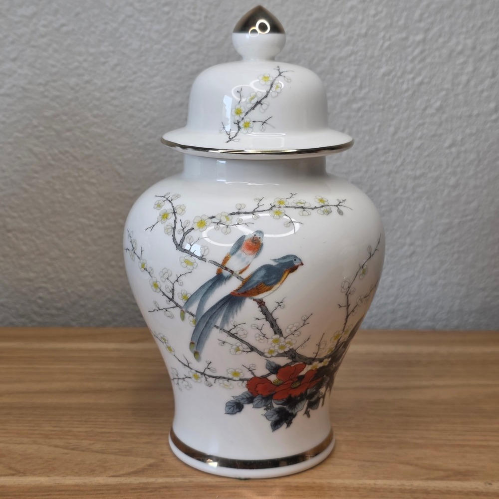 Vintage Jay Fine China Ginger Jar Birds and Cherry Blossoms Made in Japan 8"